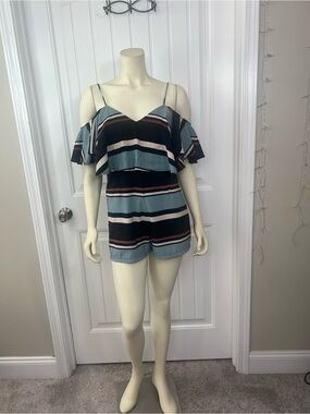 L'ATISTE Striped Romper in Black, Cream, Teal and Rust